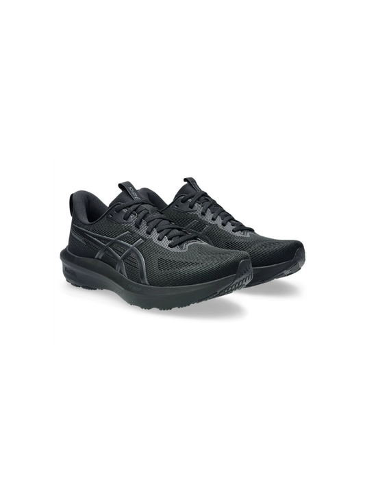 Three-quarter front view of a pair of triple-black Asics GT-1000 14 Running Shoes featuring breathable mesh uppers, matching black side stripes, and thick FF Blast midsoles.