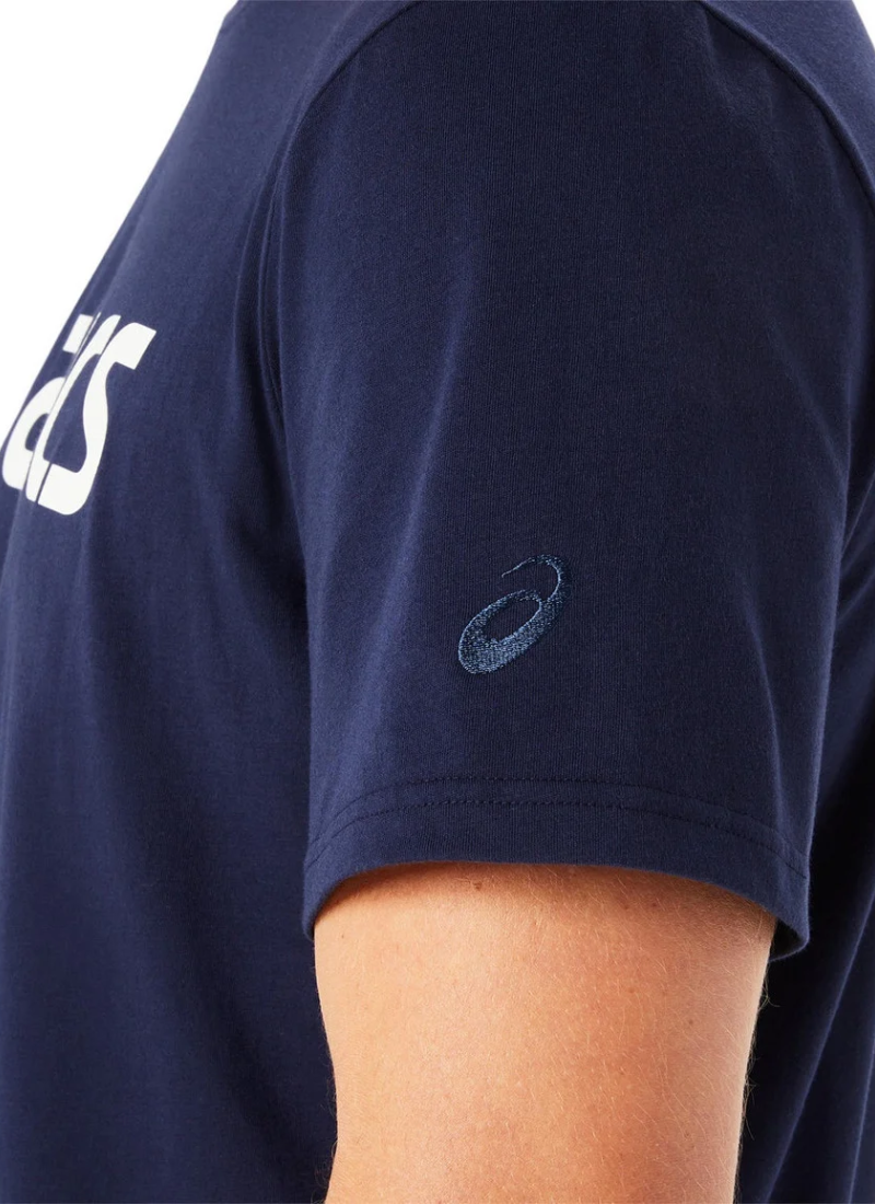 Navy blue t-shirt with an embroiderd Asics logo on the sleeve against a white background