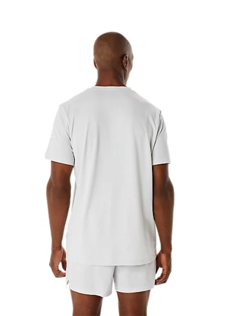 Back view of a Man wearing a glacier grey Asics t-shirt and shorts set on a white background.