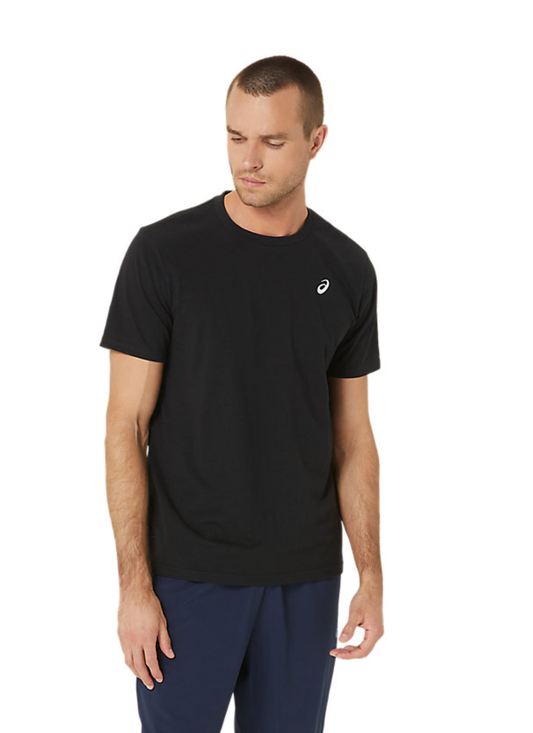 Man wearing a black t-shirt with a logo on a white background