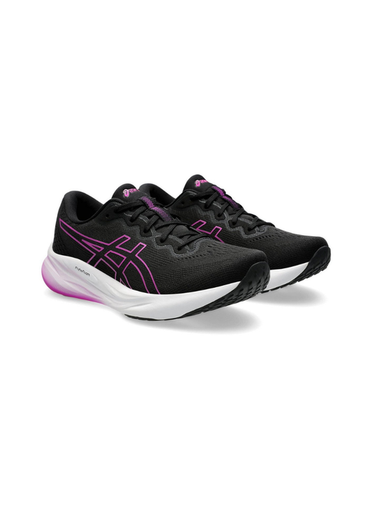 Side view, Black Asics Gel-pulse 15 running shoes with pink accents on a white background