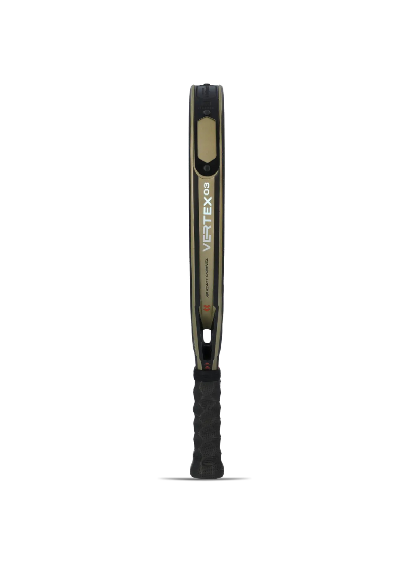 Side view of a Bullpadel Vertex 03 padel racket with orange and black design.