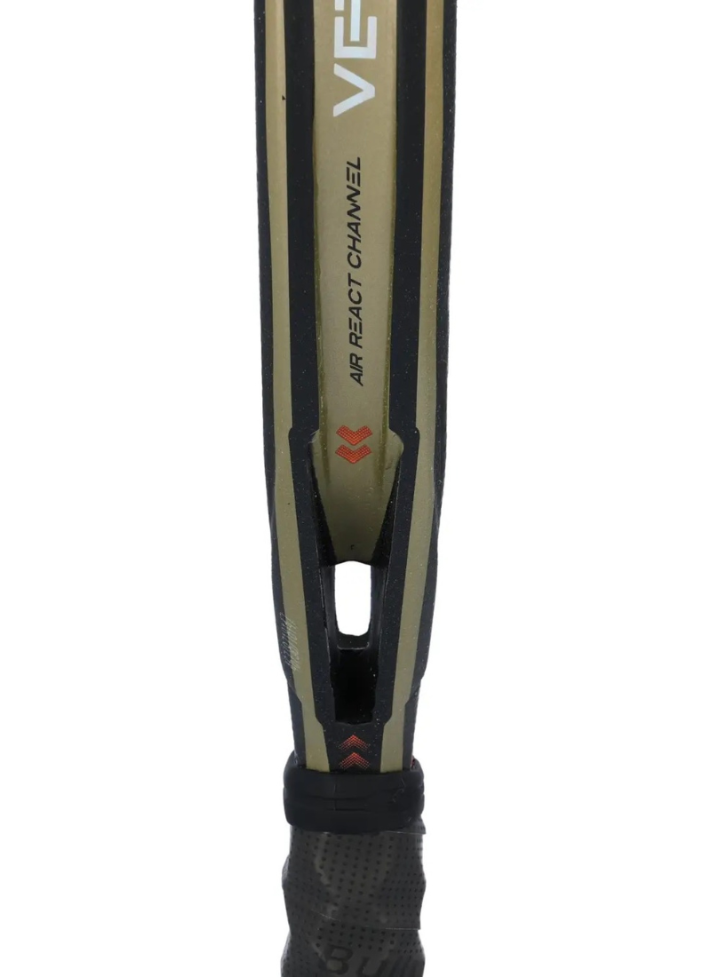 Close-up of the side of a Bullpadel Vertex 03 padel racket with orange and black design.