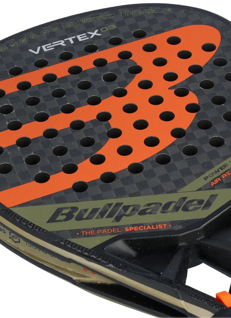 Close-up of a Bullpadel Vertex 03 padel racket with orange and black design.