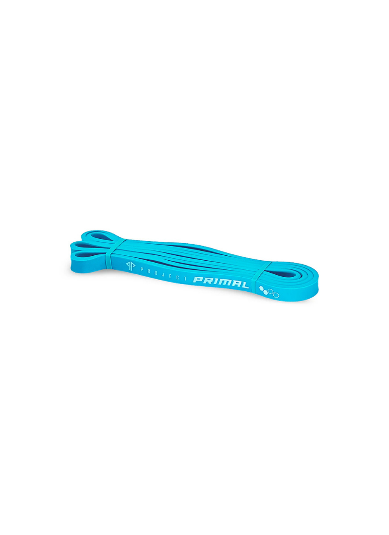 Blue resistance band with 'Primal' branding on a white background