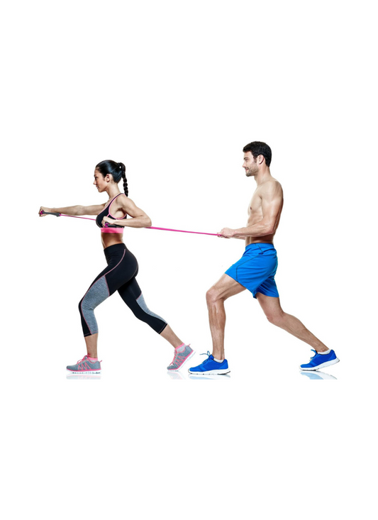 Two people exercising with resistance bands on a white background