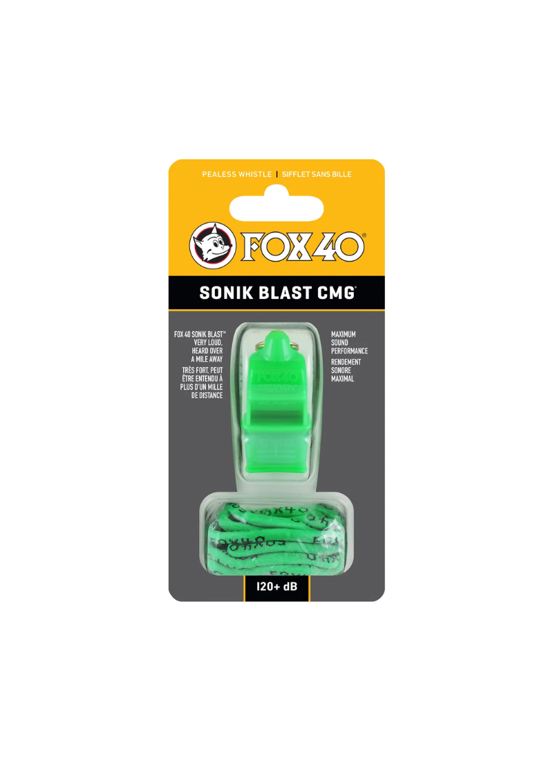 Front view of retail packaging for a neon green Fox 40 Sonik Blast CMG whistle, showcasing the 120 dB sound rating and an included green lanyard.