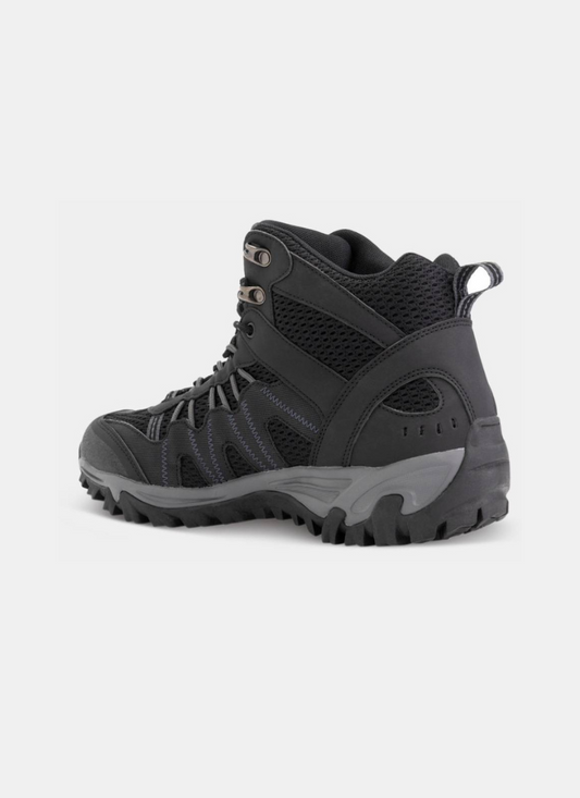 Black hiking boot on a white background