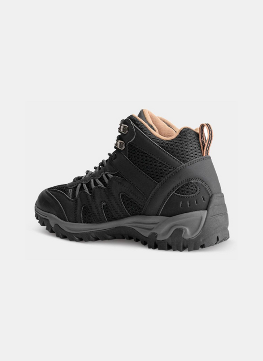 Black hiking boot with a thick sole on a light gray background