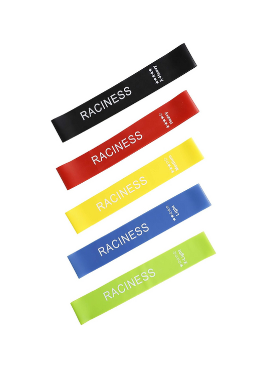Set of resistance bands in different colors with 'Raciness' branding on a white background