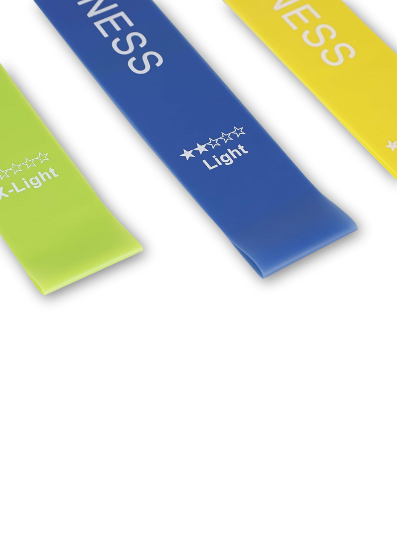 Three resistance bands in blue, green, and yellow with 'Light' and 'X-Light' text on a white background.