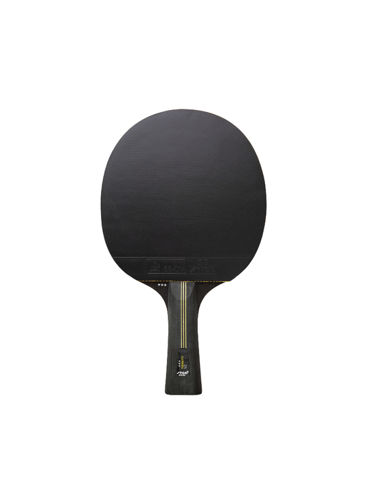 STIGA Trinity V2 3-Star table tennis racket rear view showing black rubber face, ITTF approval stamp, and dark concave handle with gold stripe detail