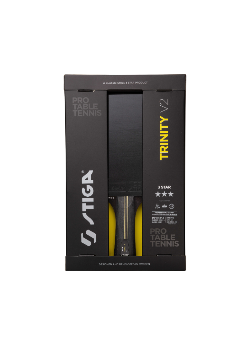 STIGA Trinity V2 3-Star table tennis racket in original black and yellow packaging