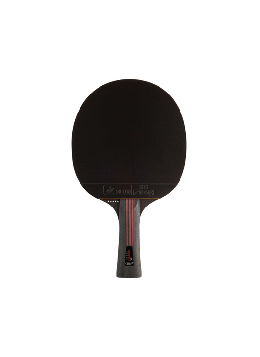 STIGA Flexure V2 5-Star table tennis racket front view showing black rubber face with ITTF approval stamp, five-star rating, and dark concave handle with red stripe detail