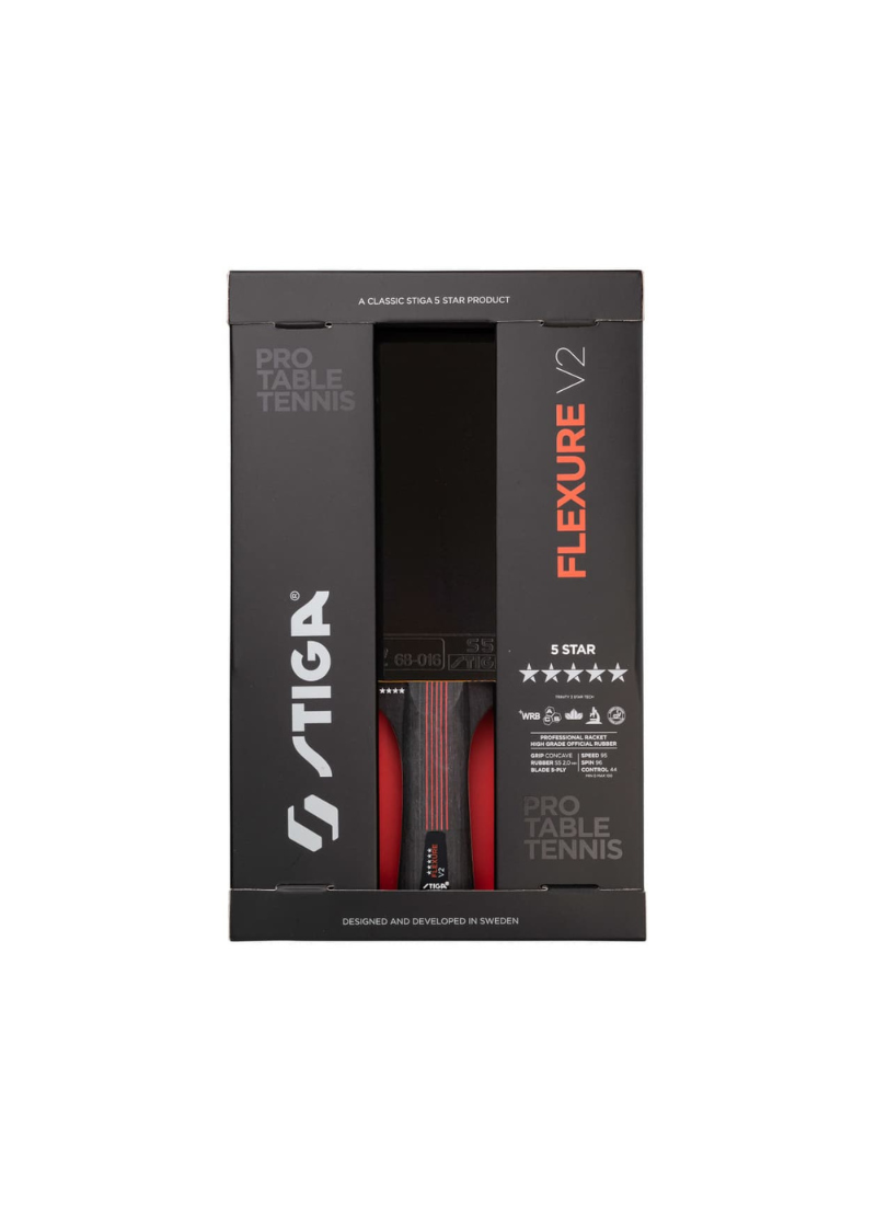 STIGA Flexure V2 5-Star table tennis racket in original black Pro Table Tennis packaging showing FLEXURE V2 branding and five-star rating