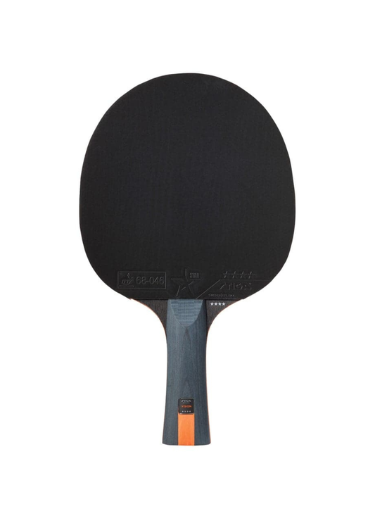 STIGA Vision 4-Star table tennis racket front view showing black rubber face with ITTF approval stamp and dark concave handle with orange stripe detail