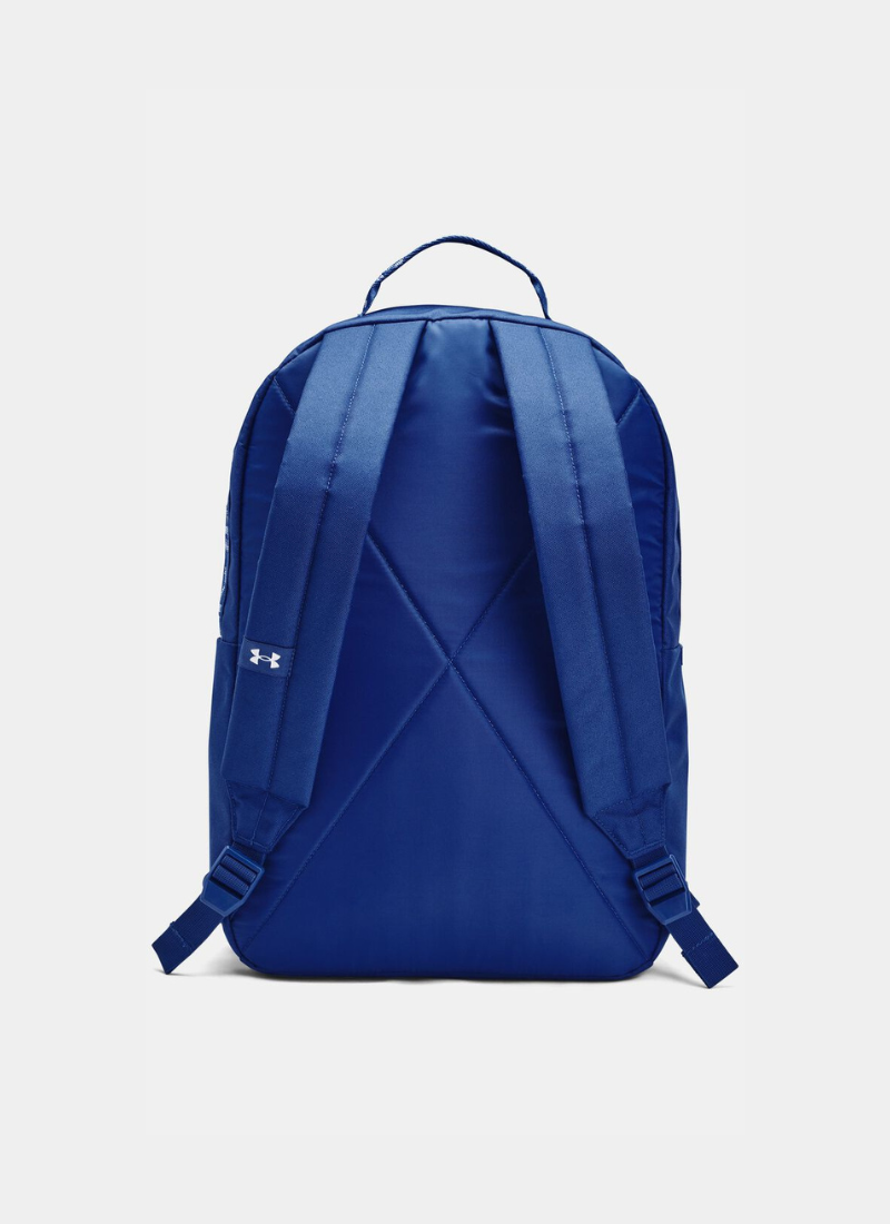 BAck view of Blue backpack with Under Armour logo on a light gray background