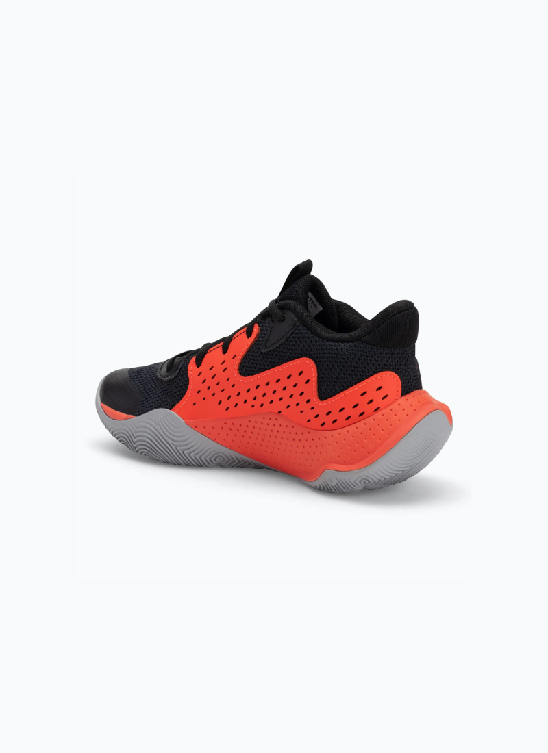 Back shot of a pair of Black and orange Under Armour Under Armour GS Jet '23 Kids sneaker on a white background