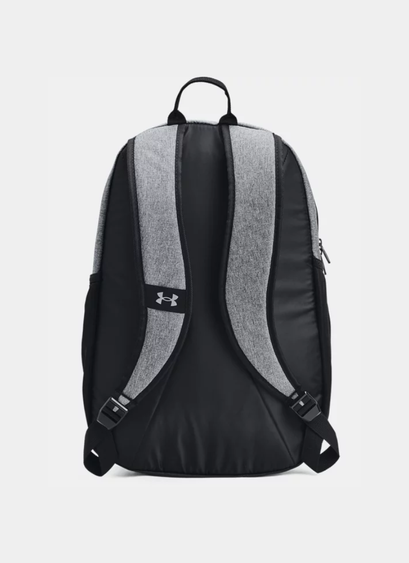 Back view of a gray backpack with Under Armour logo on a light gray background