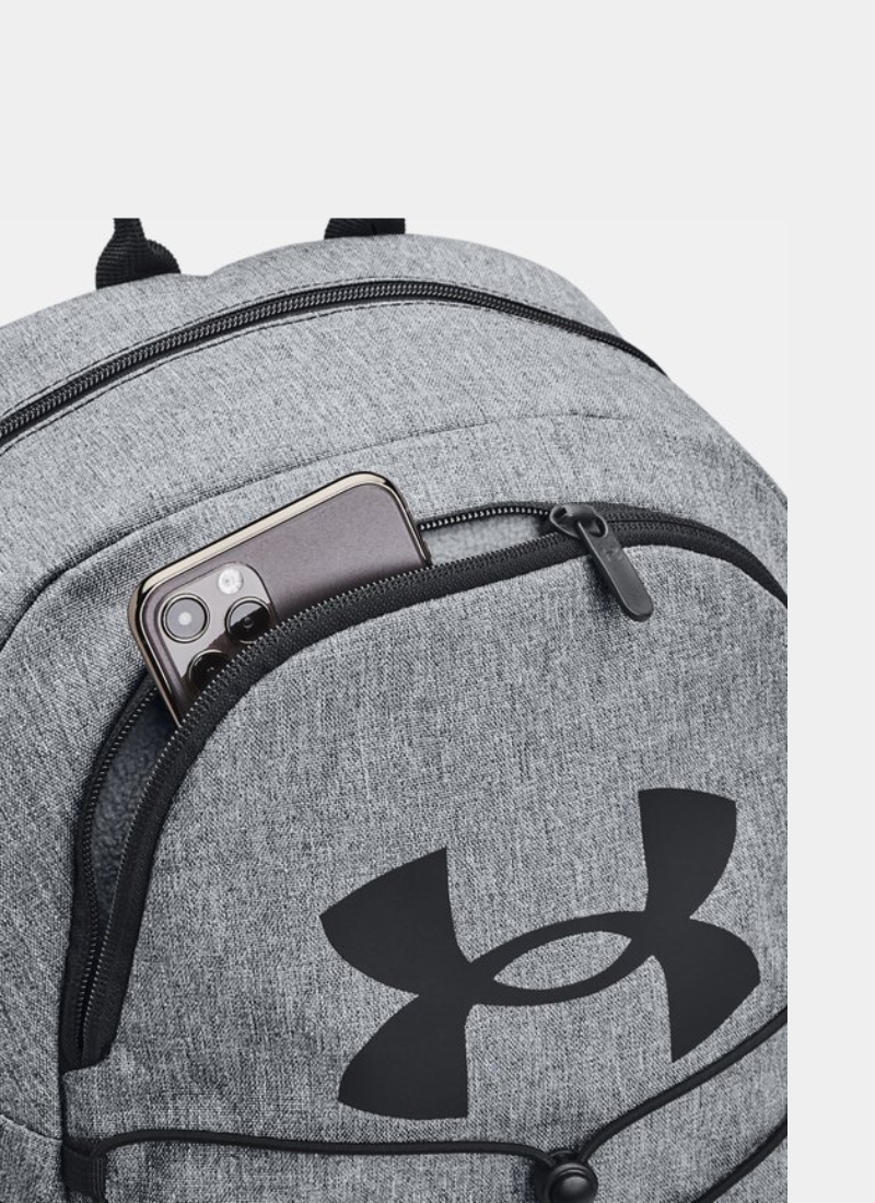 Gray backpack with Under Armour logo and phone pocket on a white background