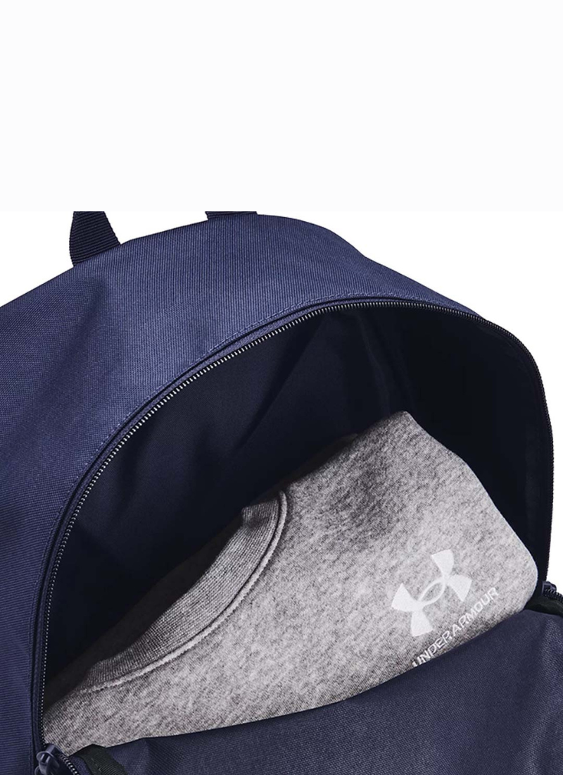 Navy backpack with a gray sweatshirt inside, featuring Under Armour logo.