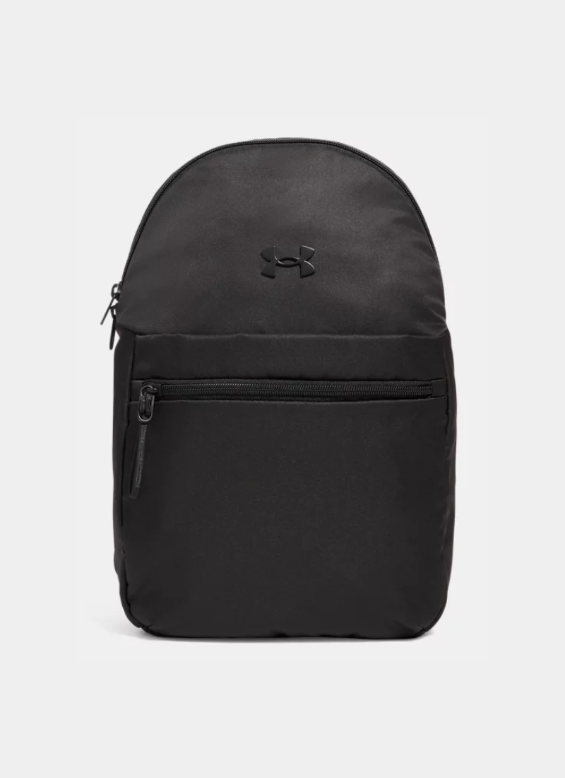 Black backpack with Under Armour logo on a light gray background