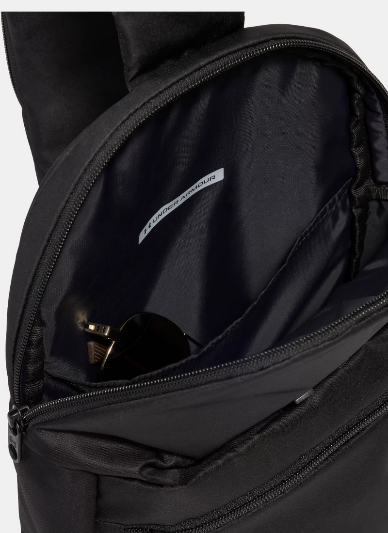 Black backpack with a visible brand logo on a white background