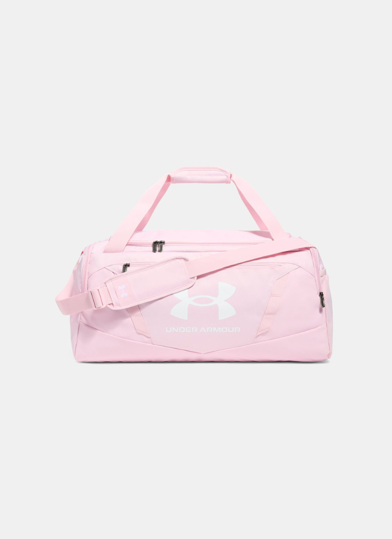 Pink duffel bag with Under Armour logo on a white background