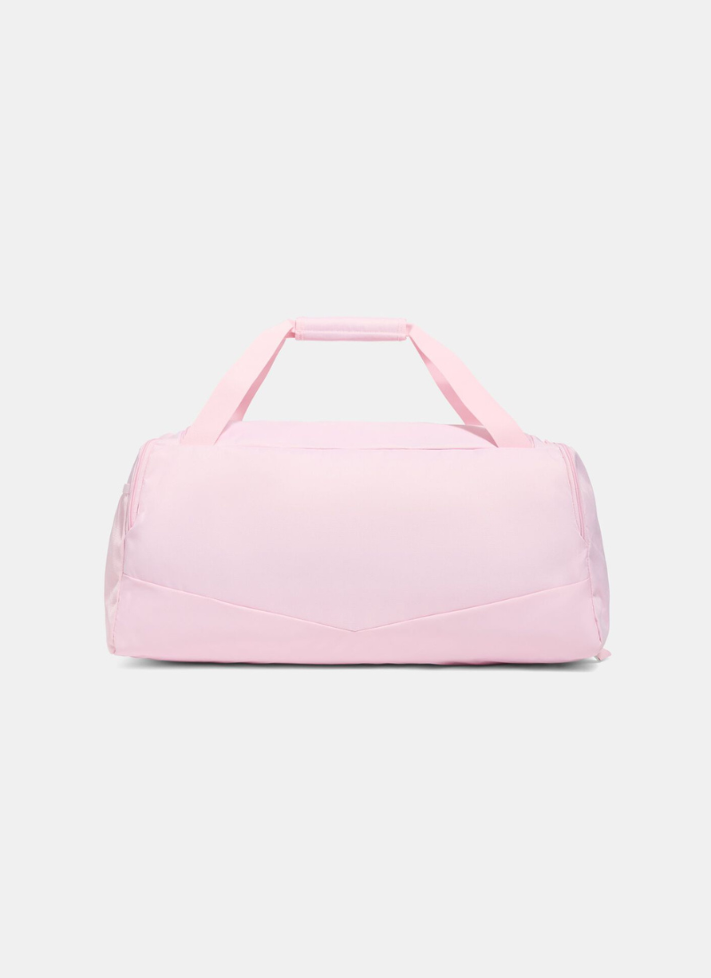 Back view of a Pink duffel bag with Under Armour logo on a white background