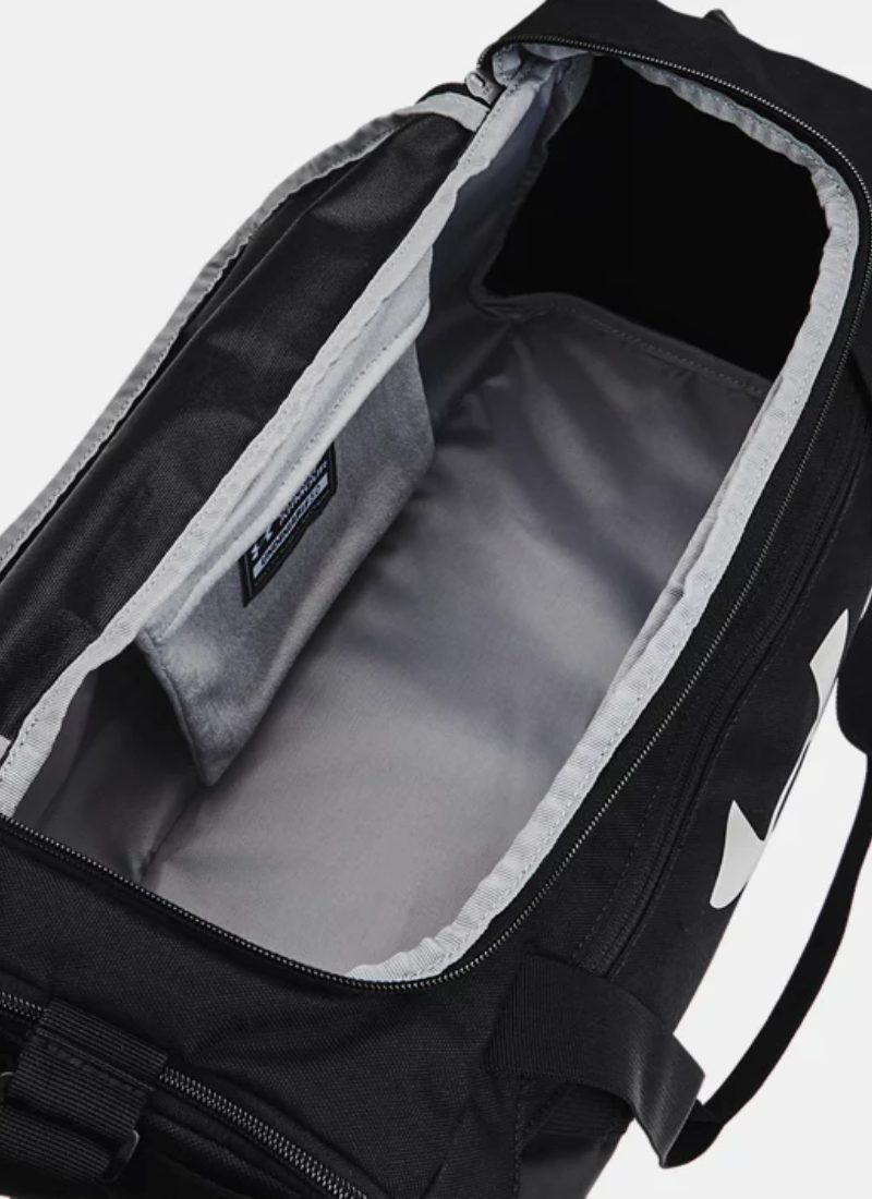 Black backpack with gray interior on a white background