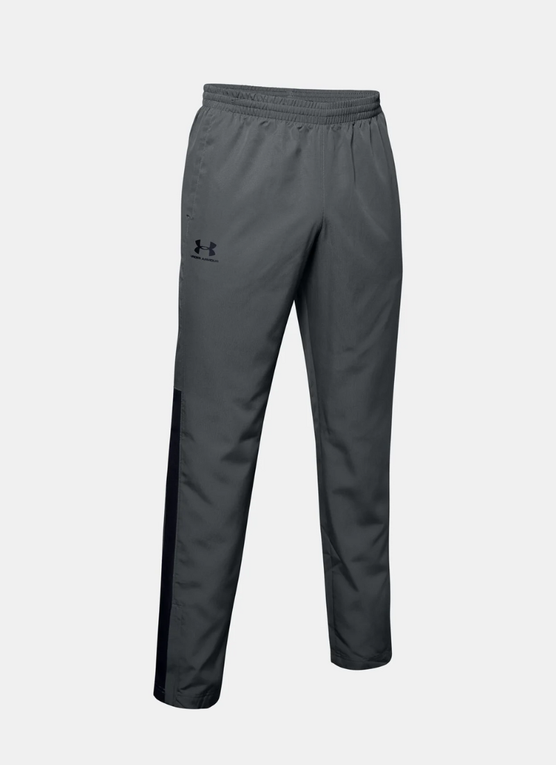 Gray pants with Under Armour logo on a white background