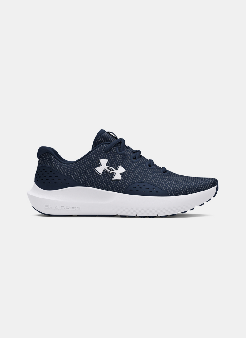 Navy running shoe with white sole on a light gray background