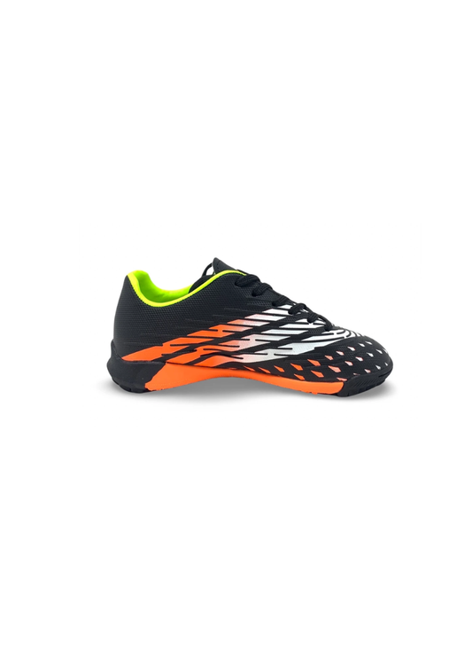 Black Oryx kids' turf football shoe, side view, with white and orange diamond pattern, white toe stripes and lime green collar
