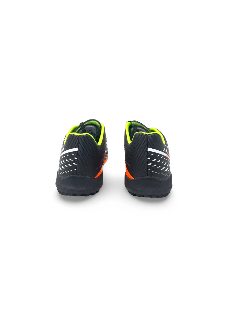 Rear view of a pair of black kids' turf football shoes with lime green collars, white detailing and orange heel accents