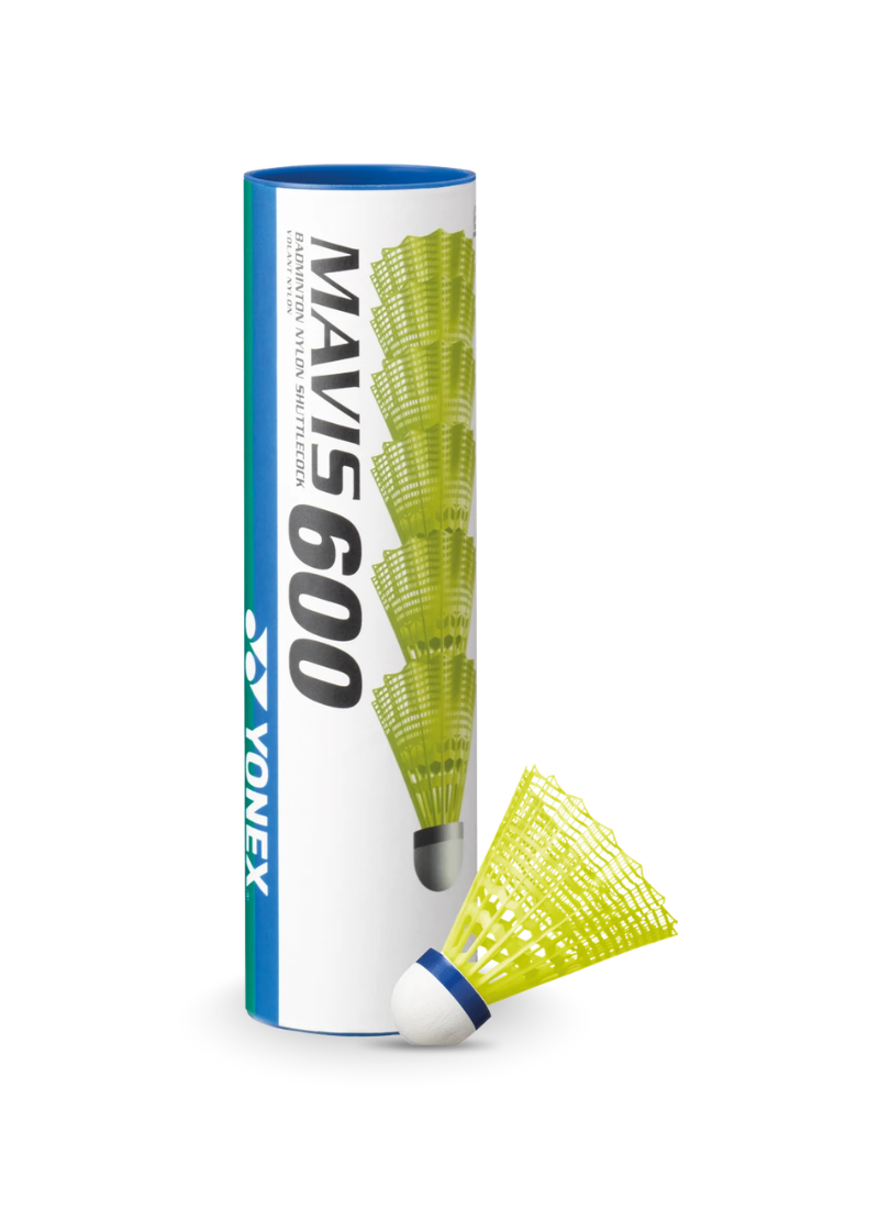 Yonex Mavis 600 nylon badminton shuttlecock tube, yellow shuttle with blue speed band, tube of 6.