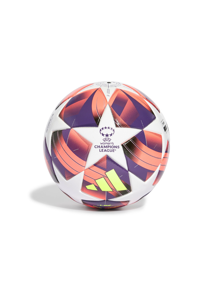 Colorful soccer ball with Adidas and UEFA Champions League branding on a white background