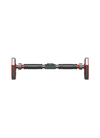 Adjustable door pull-up bar angled view showing red non-slip foot pads and telescopic steel bar