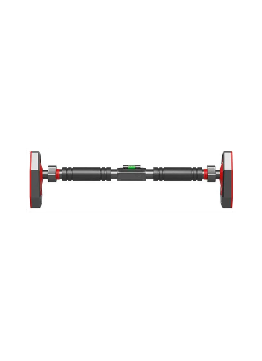 Adjustable door pull-up bar angled view showing red non-slip foot pads and telescopic steel bar
