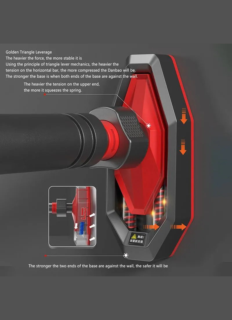 Adjustable door pull-up bar front view showing built-in spirit level and red foot pads