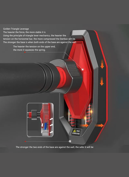 Adjustable door pull-up bar front view showing built-in spirit level and red foot pads