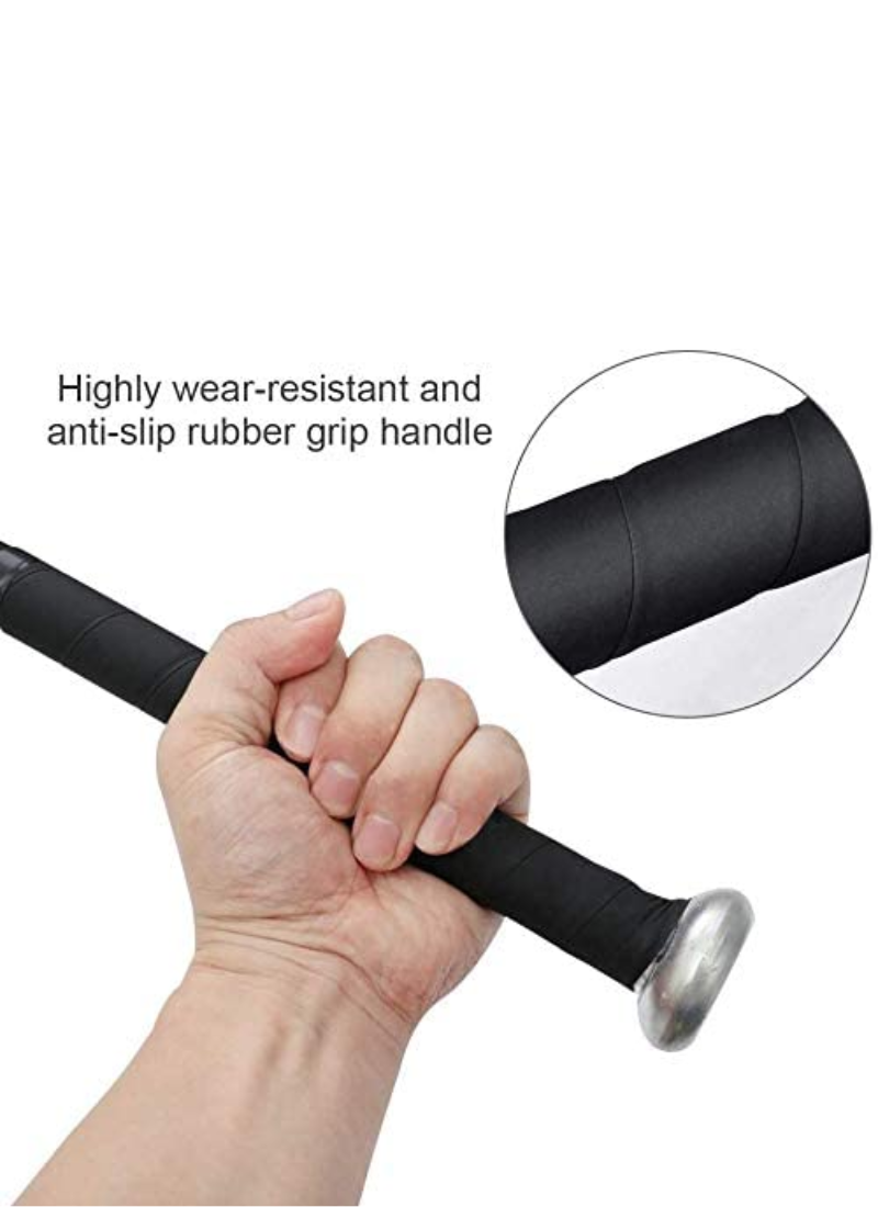 Close-up of black anti-slip rubber grip handle on aluminium softball bat