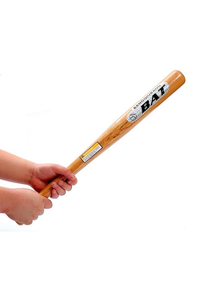 Hand gripping the handle of a 72 cm natural hardwood baseball bat