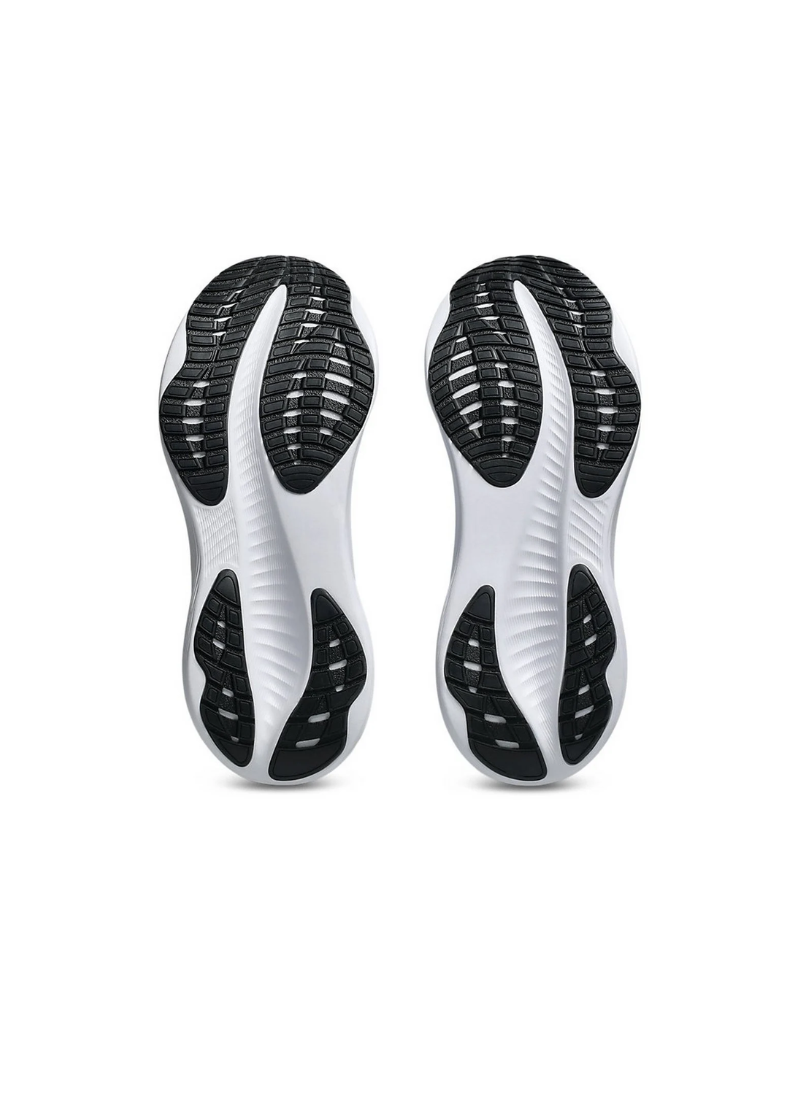 Underside bottom view of the Asics GEL-Excite 11 Running Shoe outsoles displaying white grooved foam with targeted black rubber traction pods at the forefoot and heel.