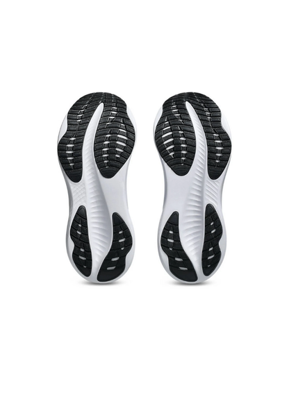 Underside bottom view of the Asics GEL-Excite 11 Running Shoe outsoles displaying white grooved foam with targeted black rubber traction pods at the forefoot and heel.