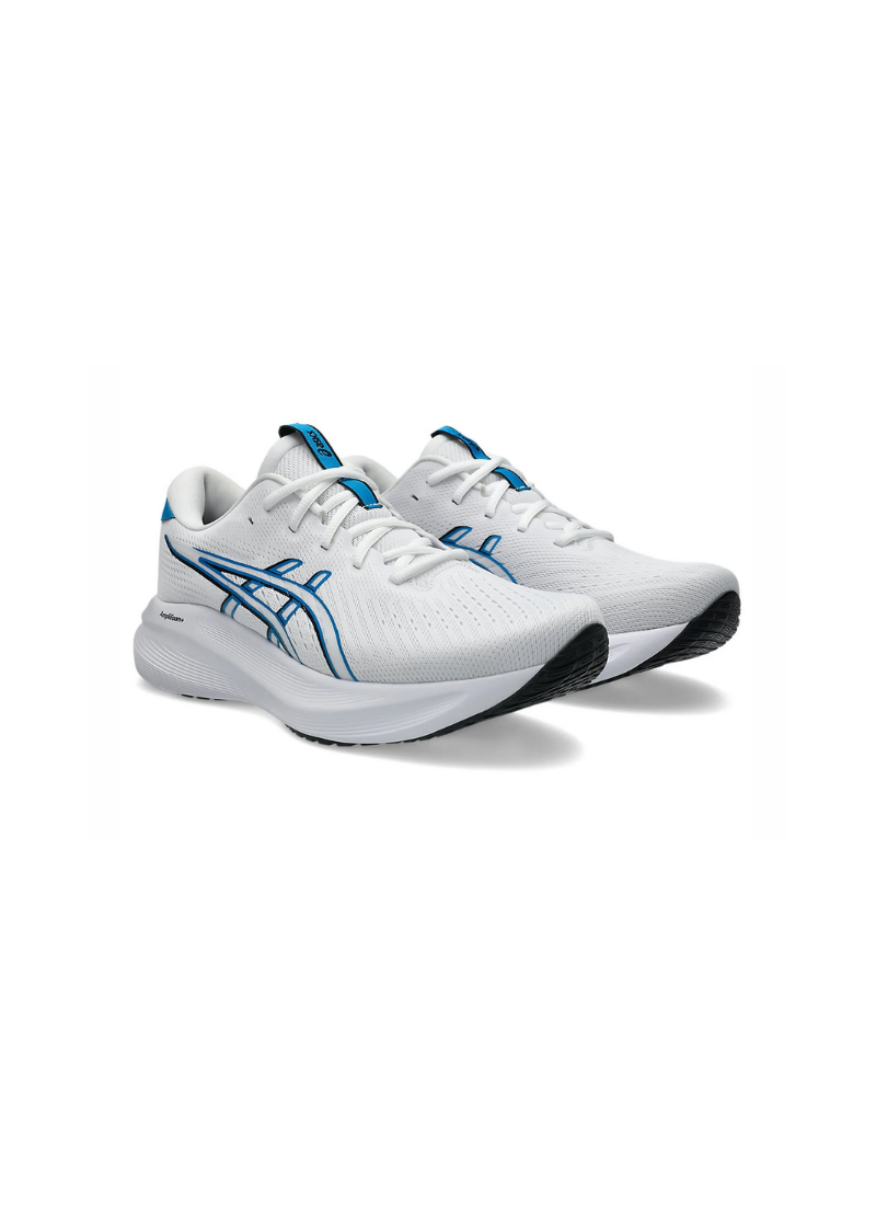 Front three-quarter view of a pair of Asics GEL-Excite 11 Running Shoes featuring white engineered mesh uppers, Aegean blue side stripe outlines, and white AmpliFoam+ midsoles.