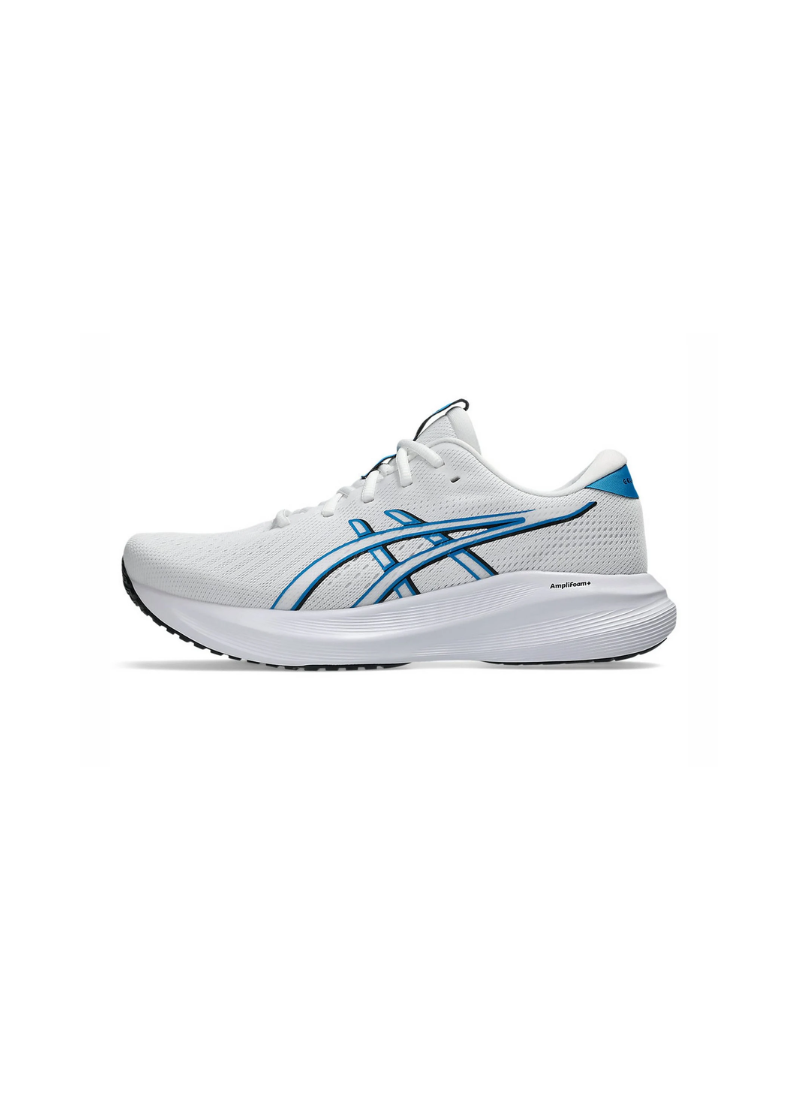 Lateral side profile view of the Asics GEL-Excite 11 Running Shoe displaying the breathable white mesh upper, blue Asics logo outlines, and thick white cushioned sole.