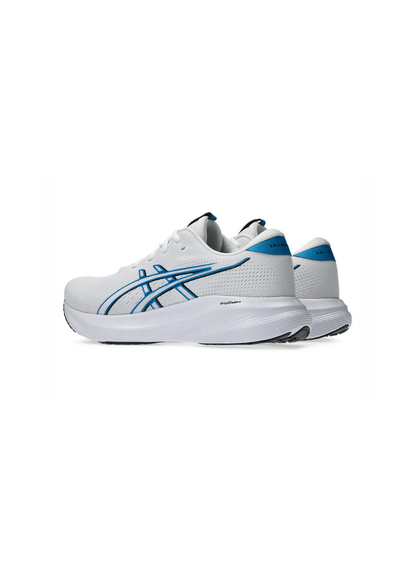 Three-quarter rear perspective view of the Asics GEL-Excite 11 Running Shoes highlighting the blue heel tab accents, plush ankle collar, and thick white cushioned midsoles.