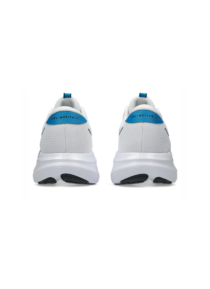 Direct back rear view of the Asics GEL-Excite 11 Running Shoes showing bright blue heel tabs printed with "GEL-EXCITE 11" above white GEL-embossed midsoles.