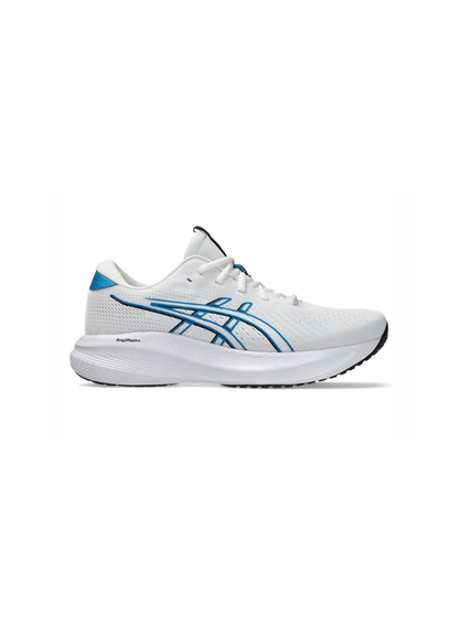 Medial side profile view of the Asics GEL-Excite 11 Running Shoe showing the inner white mesh construction, blue stripe accents, and AmpliFoam+ branding on the heel midsole.