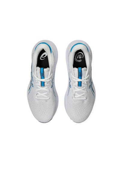 Overhead top-down view of the Asics GEL-Excite 11 Running Shoes showcasing the white toe box, matching white laces, bright blue tongue tabs, and dark insoles.